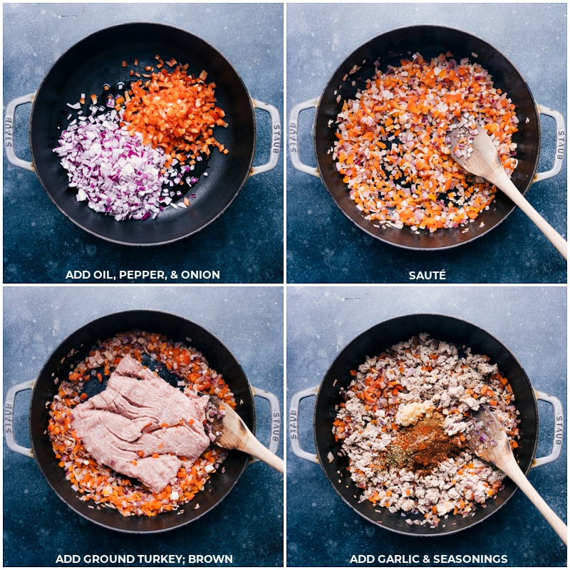 Process shots-- images of the veggies being sautéed and then the ground turkey being browned