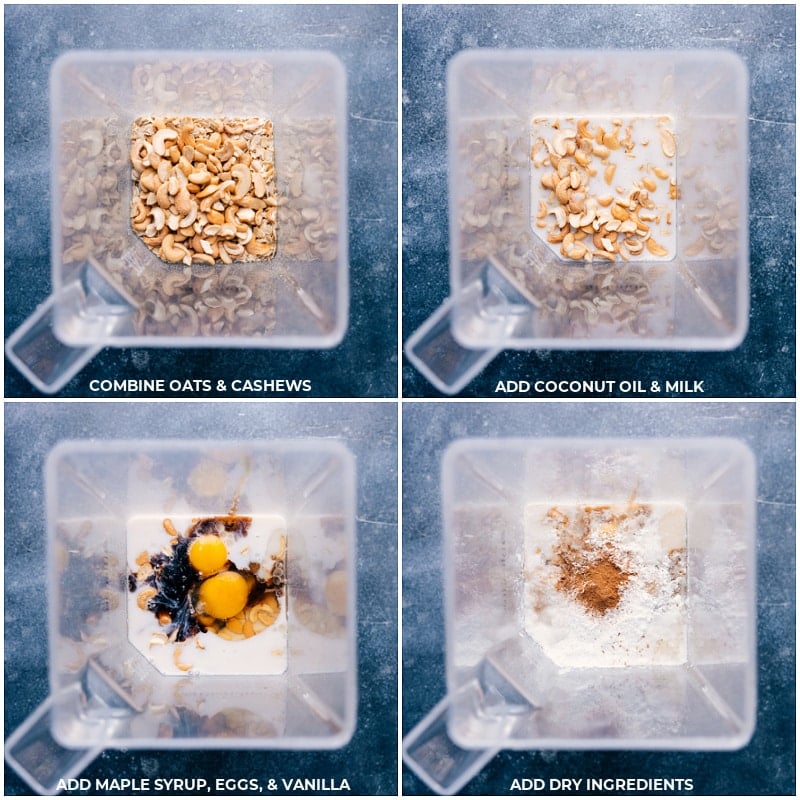 Process shots-- images of the oats, cashews, coconut oil, milk, maple syrup, eggs, vanilla, and dry ingredients being added to a blender