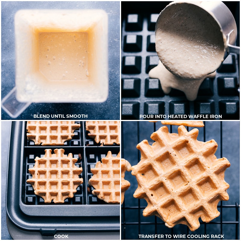 Process shots of the Healthy Waffle Recipe--mixing the batter; pouring batter onto the waffle iron; cooking the waffles; transferring to a wire cooling rack