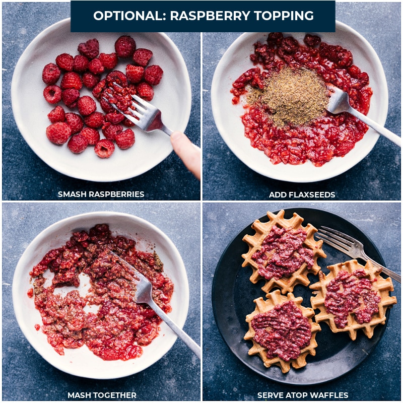 Process shots-- To make the raspberry topping, smash berries; add flax seeds; mash together; serve on wafflex.