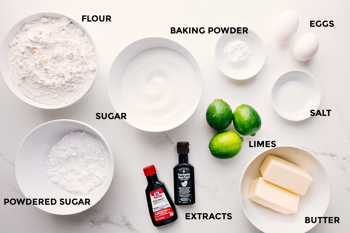 Ingredients In This Lime Cookie Recipe All the ingredients in this recipe prepped out for easy assembly including the flour, powdered sugar, baking powder, extracts, limes, butter, salt, and eggs.