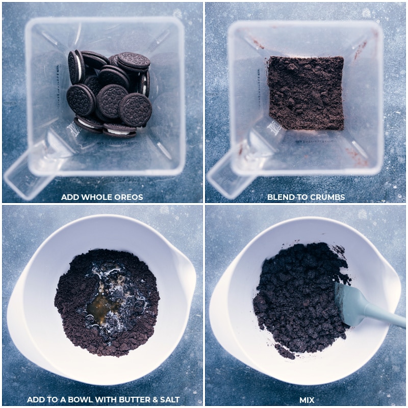 Process shots- images of the Oreos being blended; the butter and salt being added; mixing it all together.