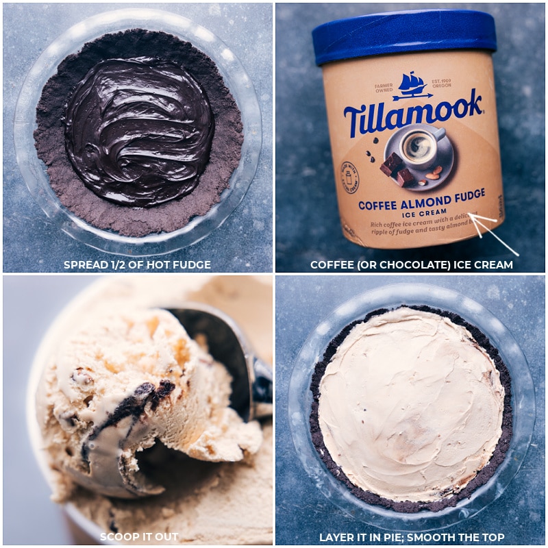  Mississippi Mud Pie process shots--layering in the hot fudge, then the ice cream, and smoothing it all together