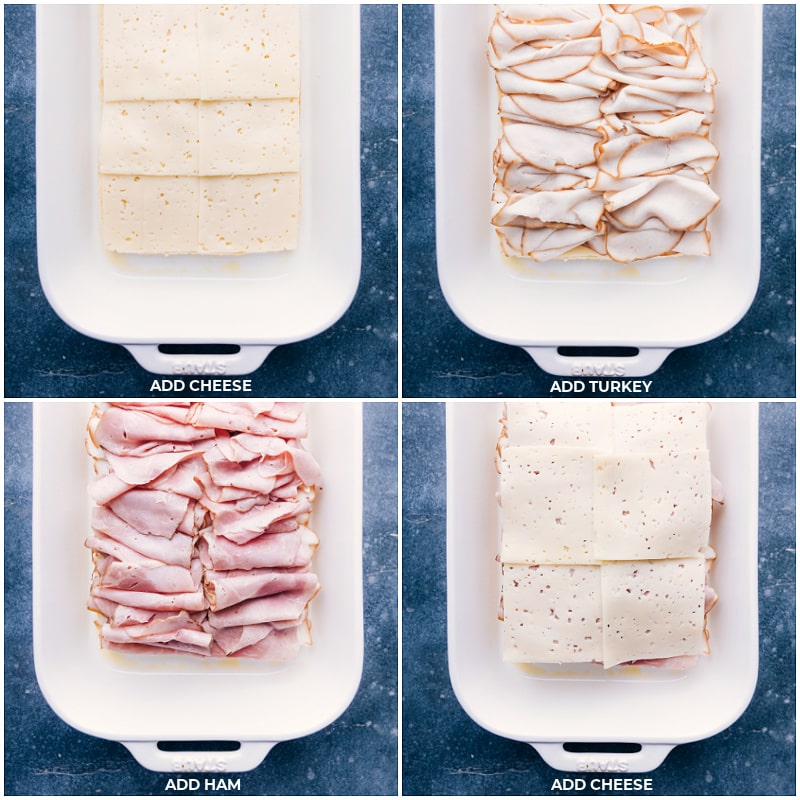 Process shots-- images of the cheese, turkey, and ham being layered in