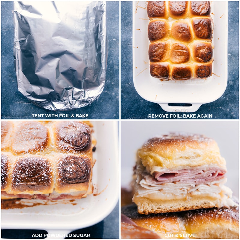 Process shots of the Monte Cristo Sliders--baking the sliders, covering them in powdered sugar and serving