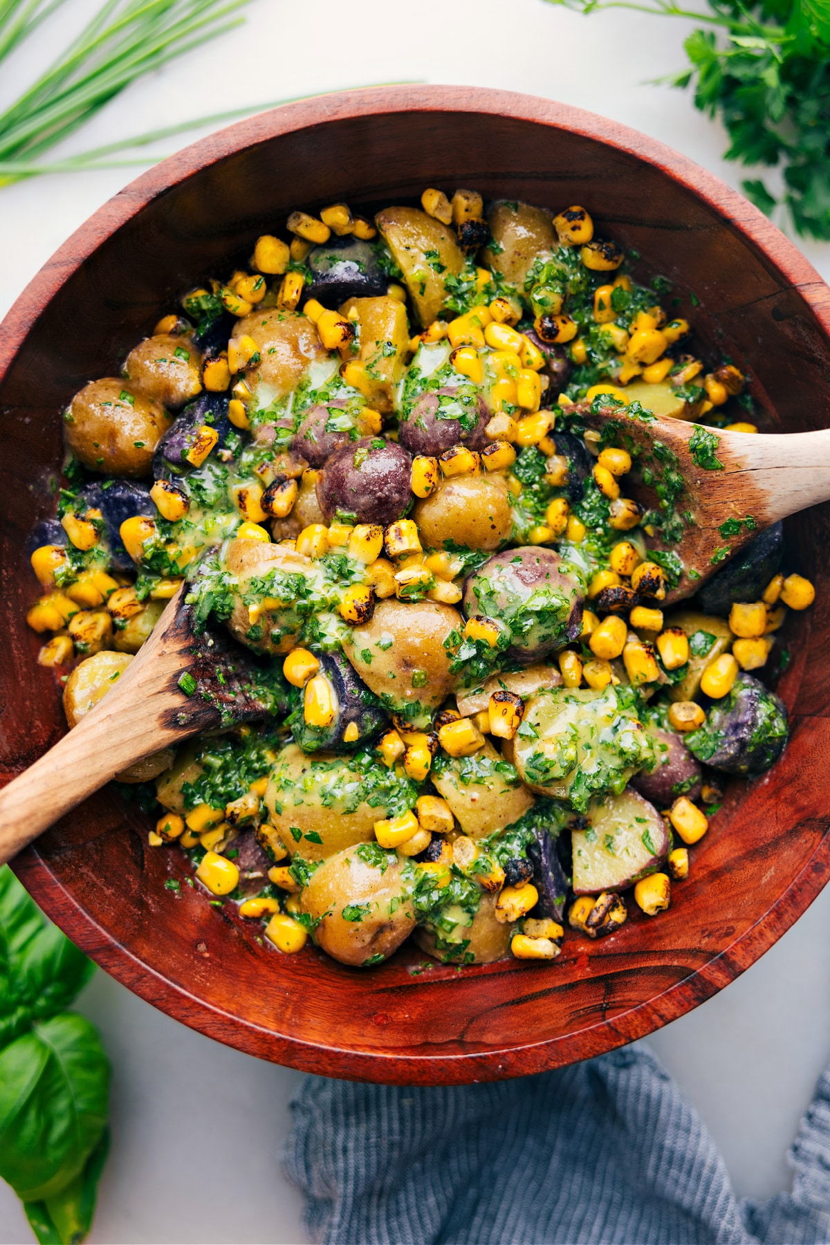 The Best No-Mayo Potato Salad Recipe No-Mayo Potato Salad dressed and in a bowl ready to be served at your next get together.
