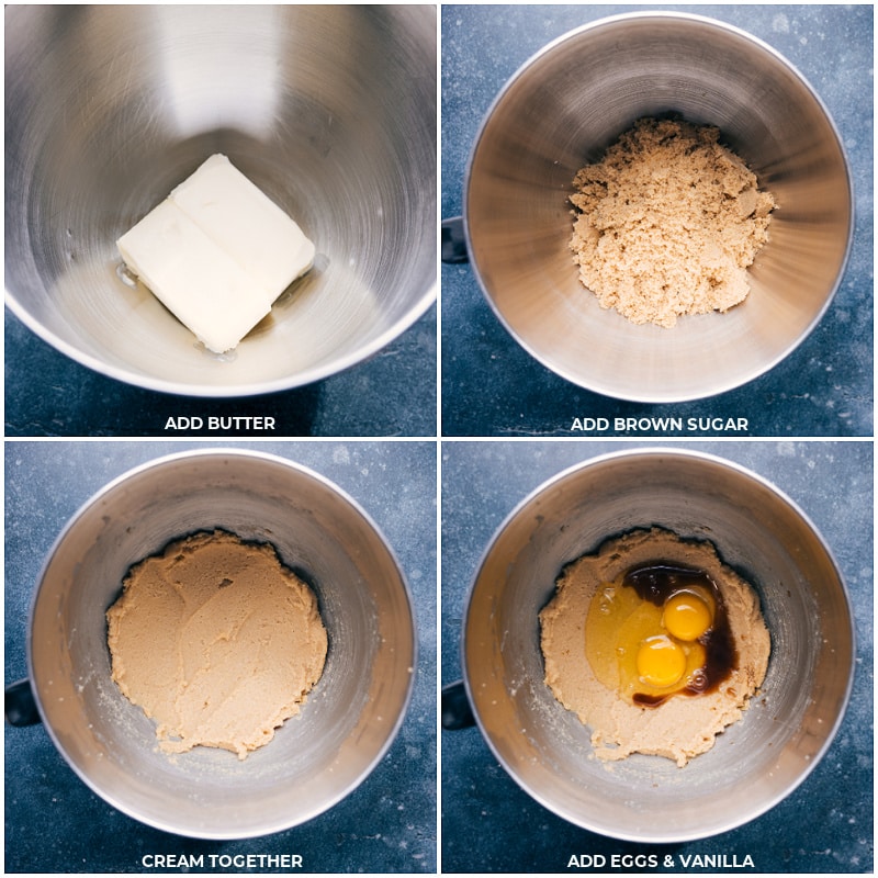 Process shots-- images of the butter and brown sugar being creamed together; adding eggs and vanilla