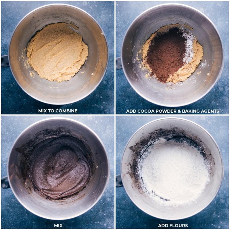 Process shots of Rocky Road Cookies-- adding cocoa powder, baking agents to the bowl and mixing together