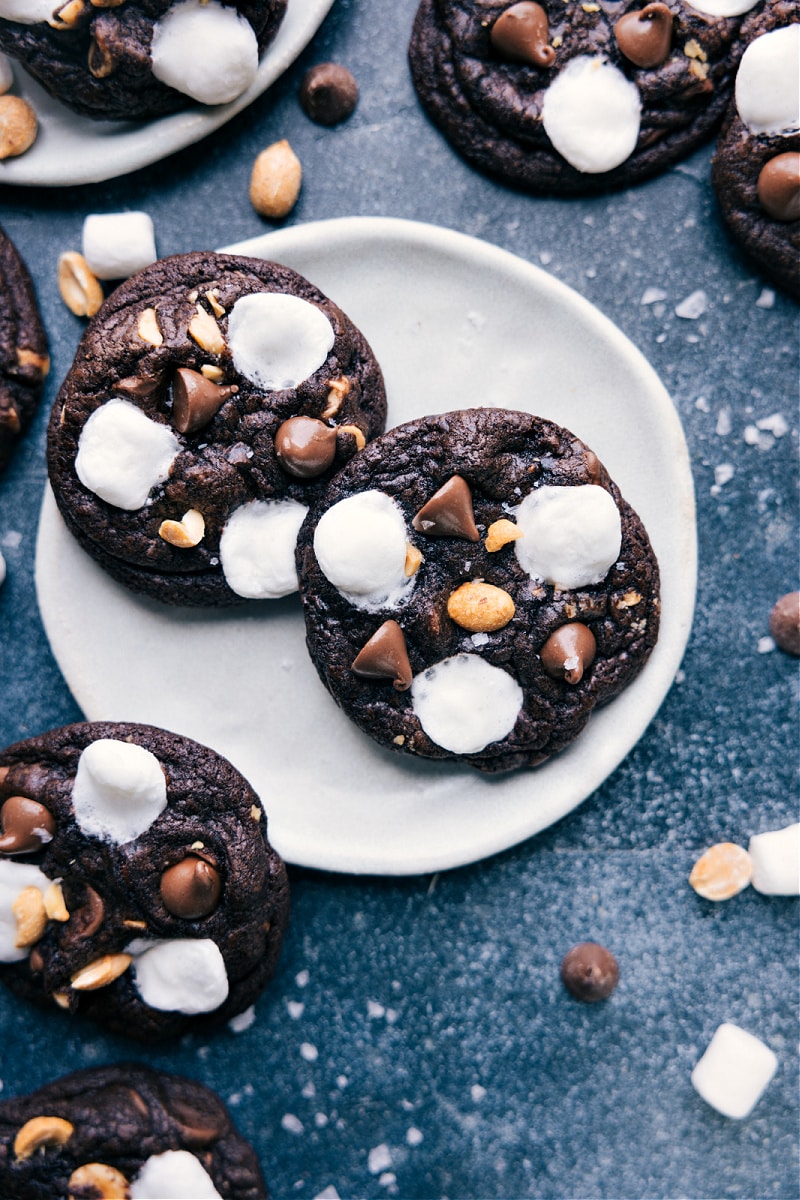 Overhead image of Rocky Road Cookies on a plate, ready to be enjoyed
