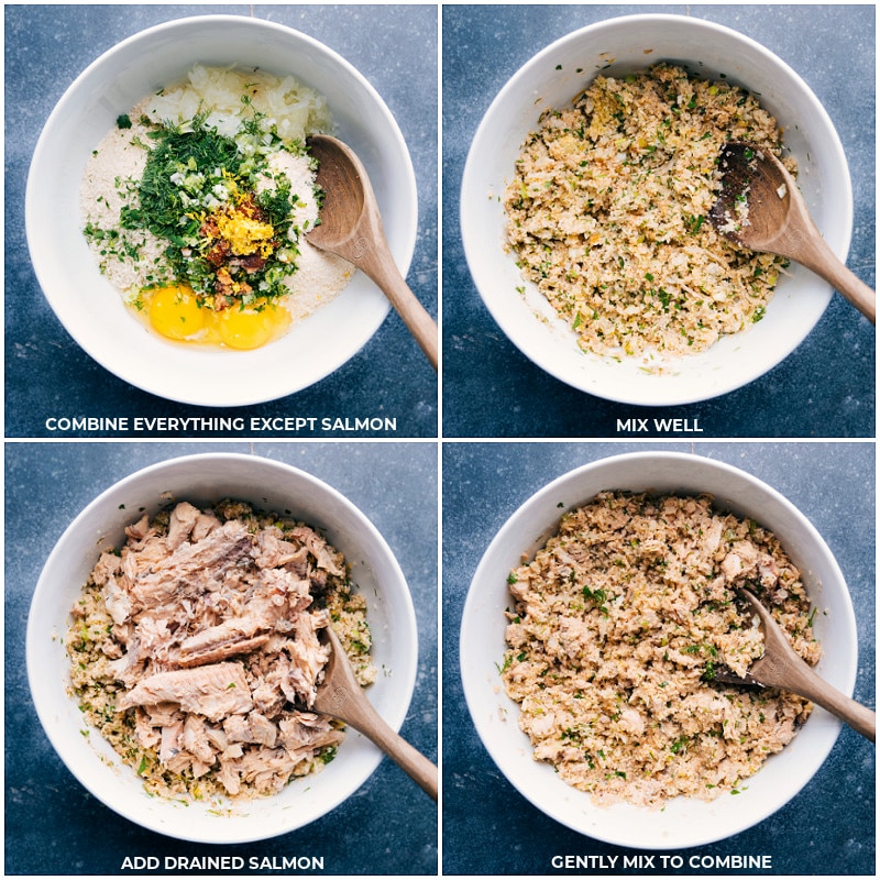 Process shots of all the ingredients being added to a bowl and mixed together