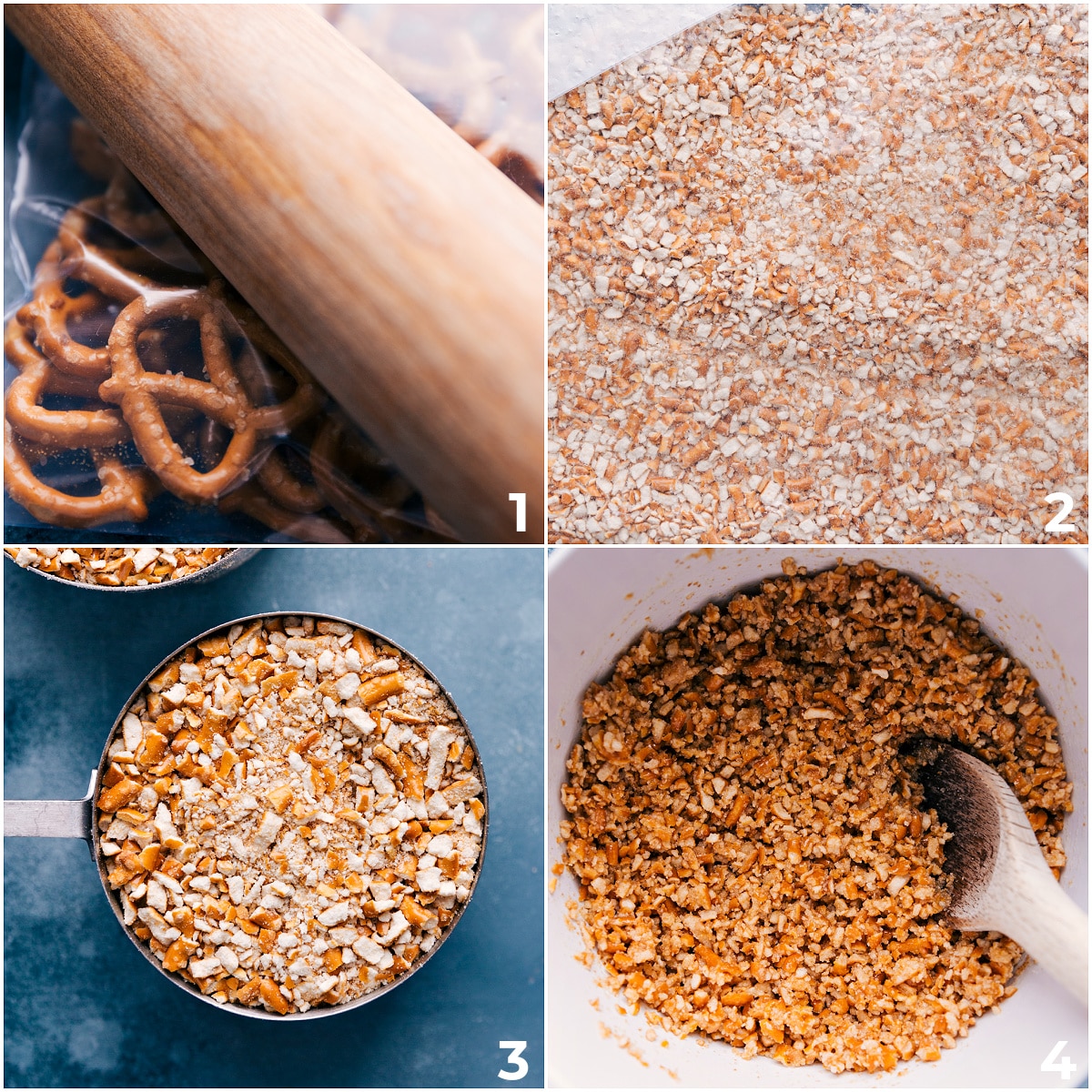 The pretzels being crushed and measured out and poured into a bowl with melted butter and sugar.