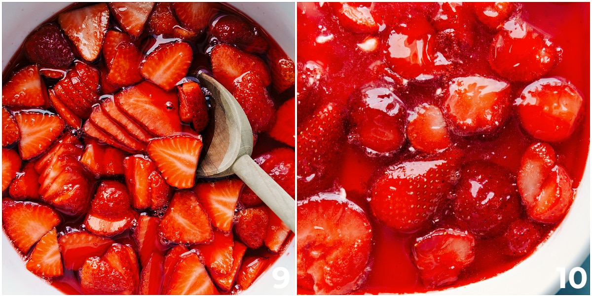 The strawberries being added to the jello and it being layered on top of the whipped cream layer in the strawberry pretzel salad.