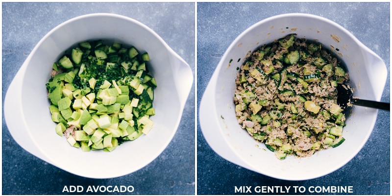 Process shots of the tuna salad no mayo-- images of the avocado being added and it all being mixed together