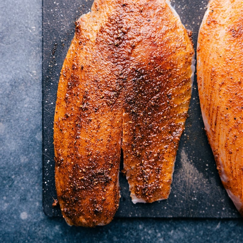 Overhead image of the spice rubbed fish ready to be cooked