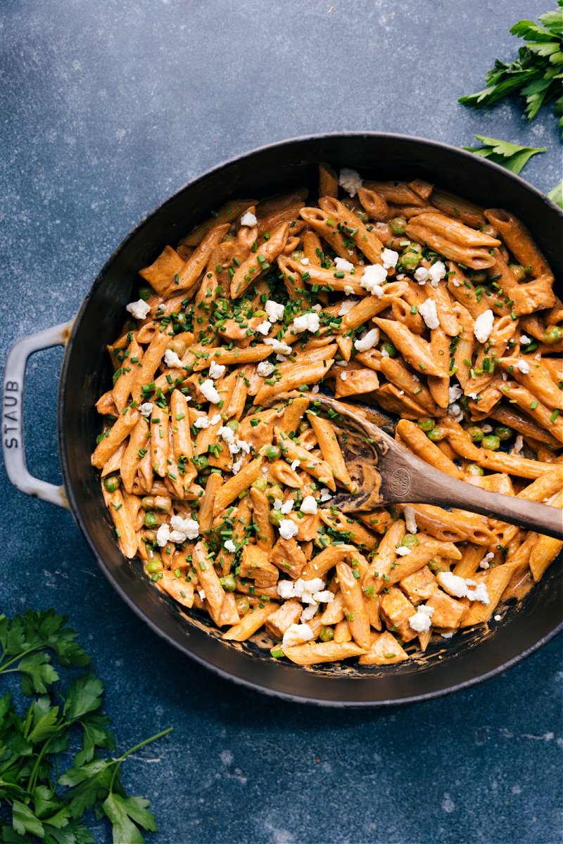 Overhead image of the Buffalo Chicken Pasta in a pot ready to be enjoyed