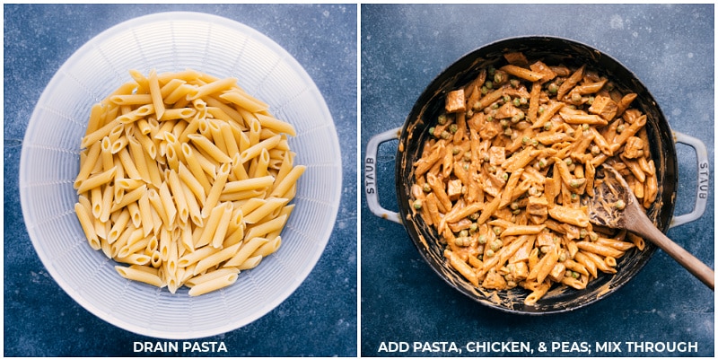 Process shots of Buffalo Chicken Pasta-- images of the pasta being added into the dish