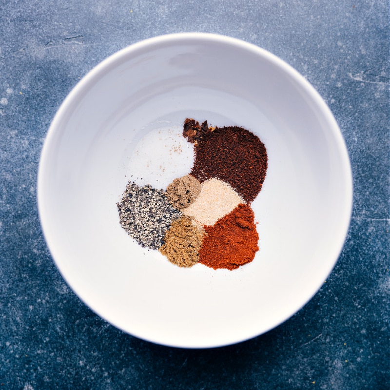 Overhead view of the seasonings used in Blackened Chicken