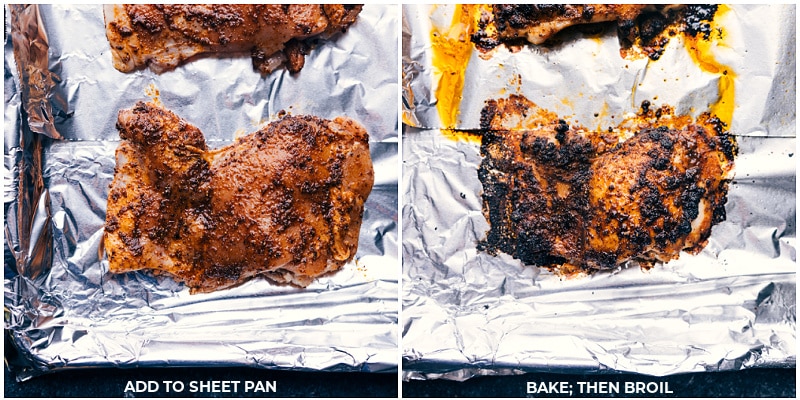 Process shots: add marinated chicken to a sheet pan; bake and finish with a brief broil.