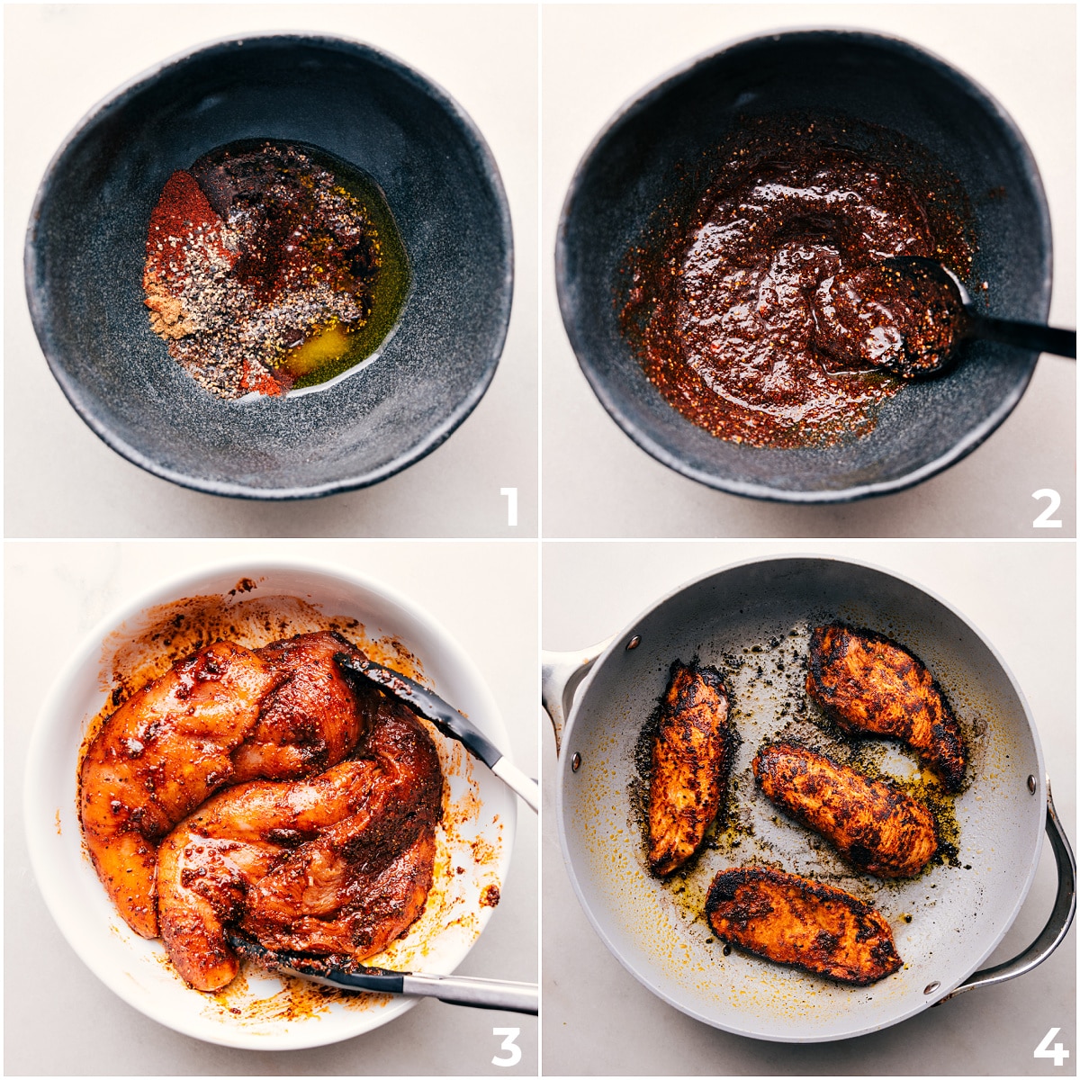 How to make blackened chicken: Begin by combining the seasonings, vinegar, and oil in a bowl. Next, thoroughly rub this mixture into the chicken. Finally, cook the chicken in a pot until it achieves a blackened crust.