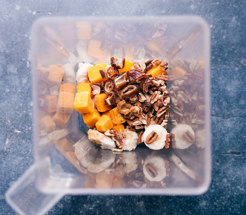 Overhead view of the ingredients piled into the blender.