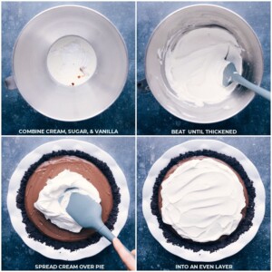 Making the whipped cream and spreading it on the dessert.