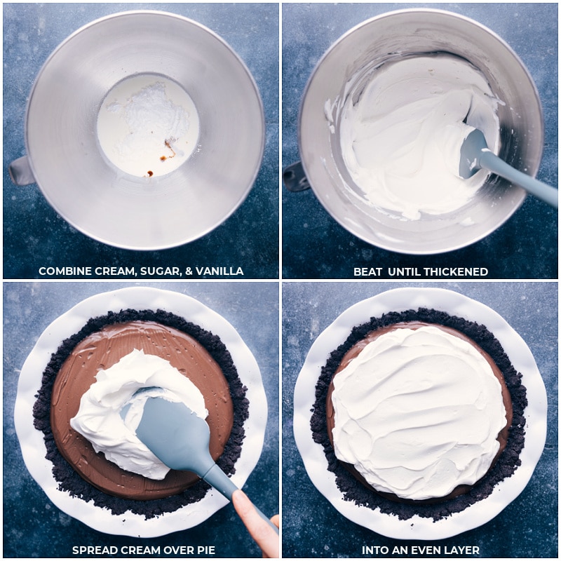Process shots--making the whipped cream and spreading it on the pie.