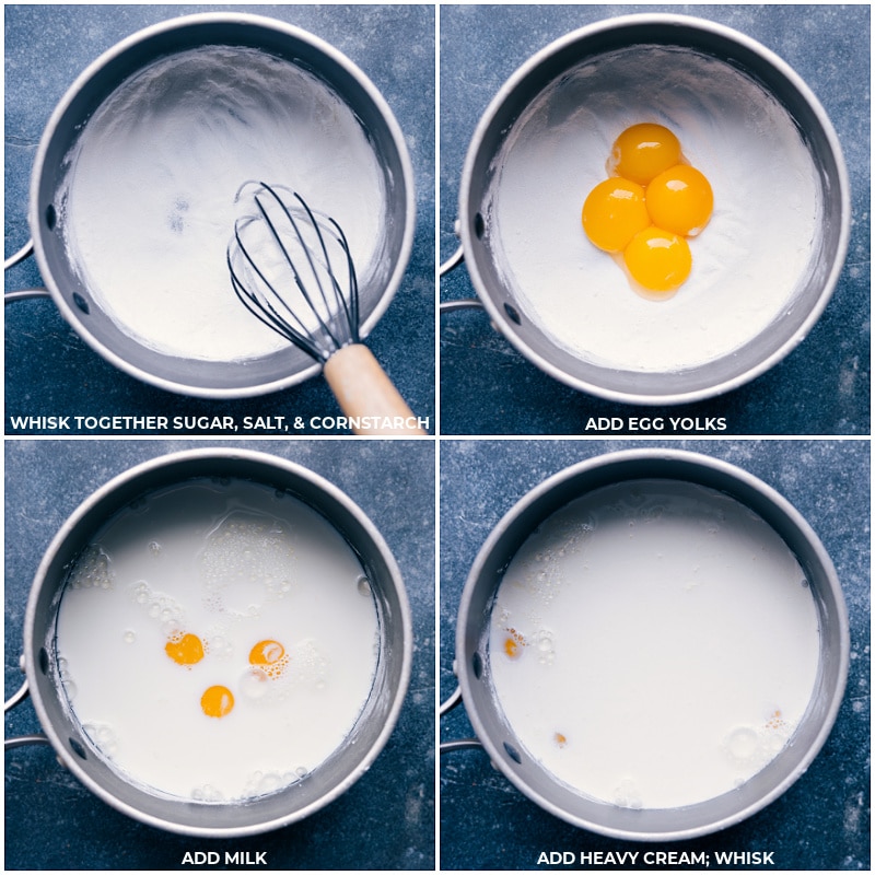 Process shots-- images of sugar, salt, cornstarch, egg yolks, milk, and heavy cream being whisked together in a pot