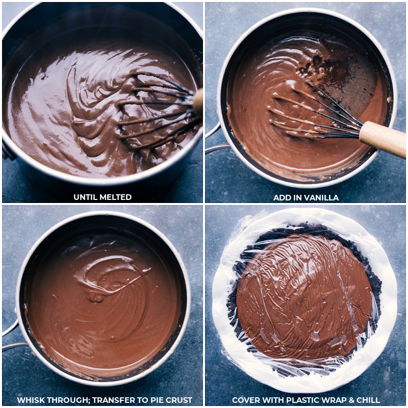 Adding the filling to the pie crust; covering the pie with plastic to keep it smooth while chilling for this Chocolate Cream Pie.