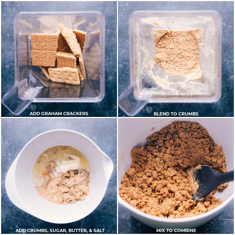 Process shots-- images of the graham crackers being blended to crumbs then sugar, butter, and salt being added to the crackers