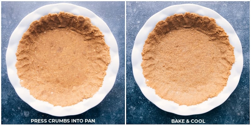 Process shots: pressing crumbs into the pan; baking and cooling