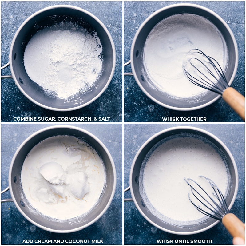 Process shots: combine sugar, cornstarch and salt; whisk to combine; add cream and coconut milk; whisk again until smooth.