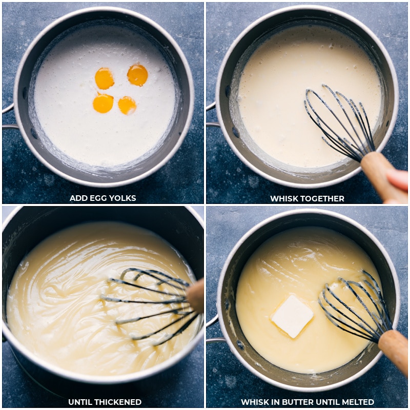 Process shots: add egg yolks and whisk until thickened; add butter and continue to whisk.