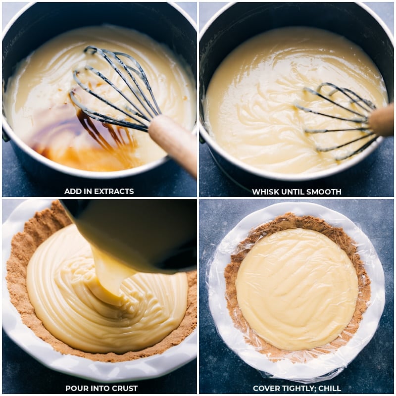 Process shots: add in the extracts and whisk until smooth; pour into the crust; wrap in plastic and chill.