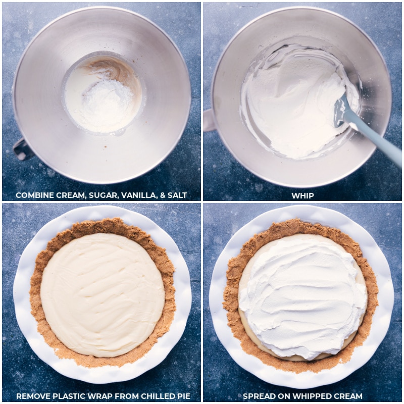Process shots making whipped cream: combine cream, sugar, vanilla and salt; whip together to form thick peaks; remove plastic wrap from the chilled pie; top with whipped cream.