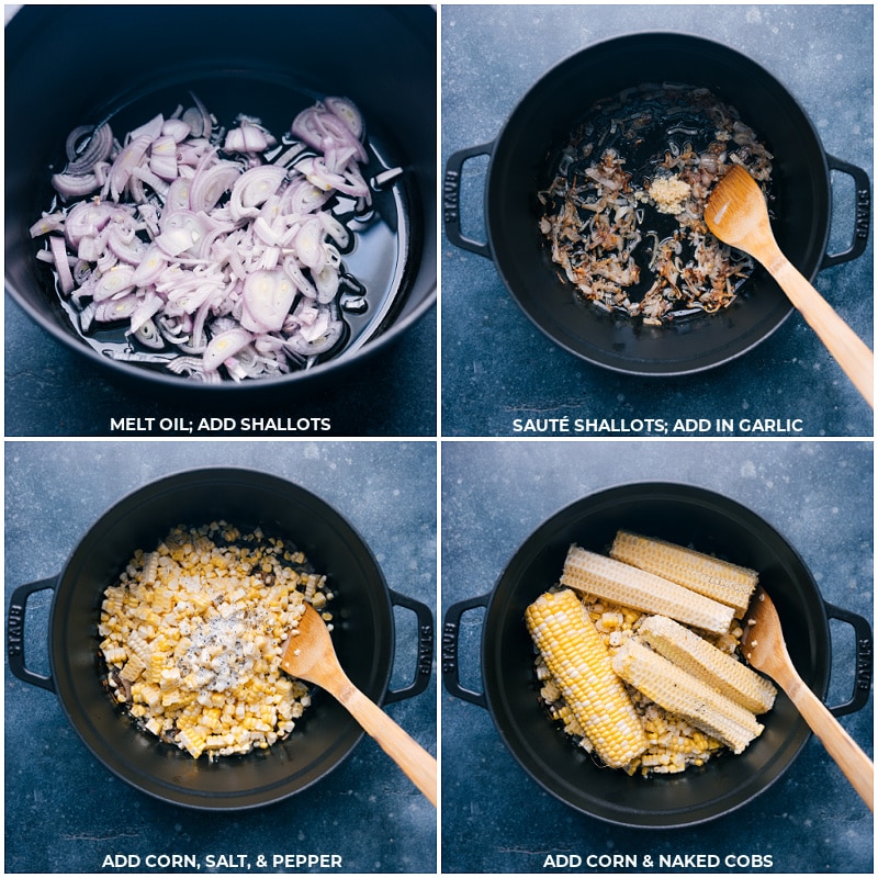 Process shots: saute shallots and garlic; add corn, salt and peppers; add corn and the naked cobs.