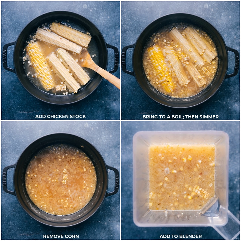 Process shots: add chicken stock to the pan; bring to a boil and simmer; remove the cobs; blend the soup