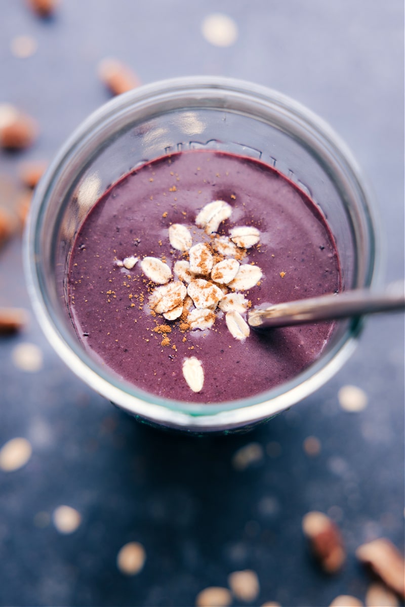 Up-close overhead image of the Cherry Crisp Smoothie ready to be enjoyed