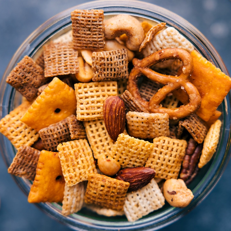 Close-up view of Chex Mix