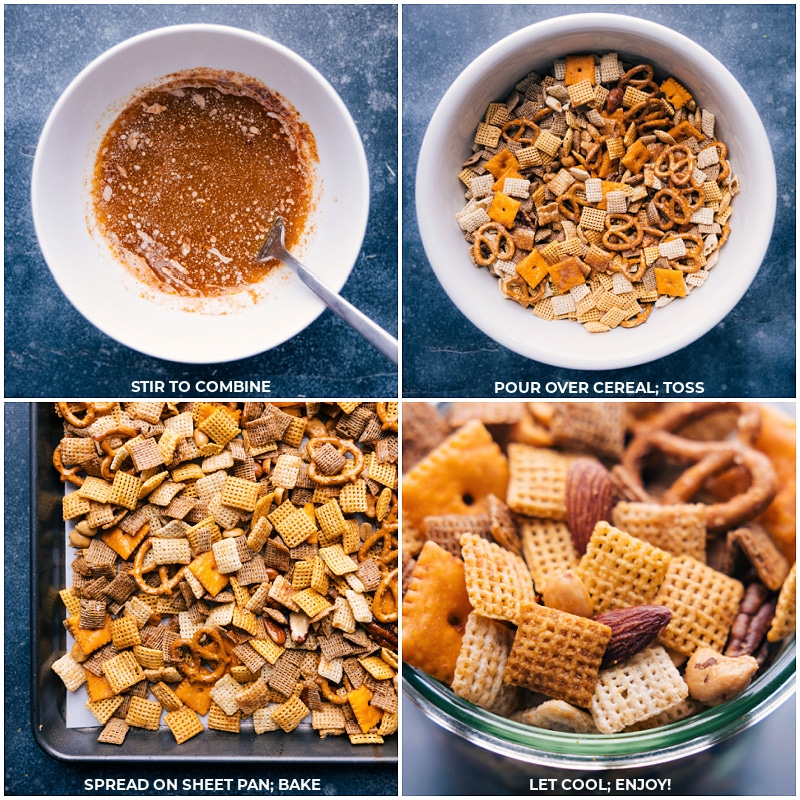 Stir together the butter sauce ingredients; pour over cereal mix and toss; spread on a sheet pan and bake; serve.