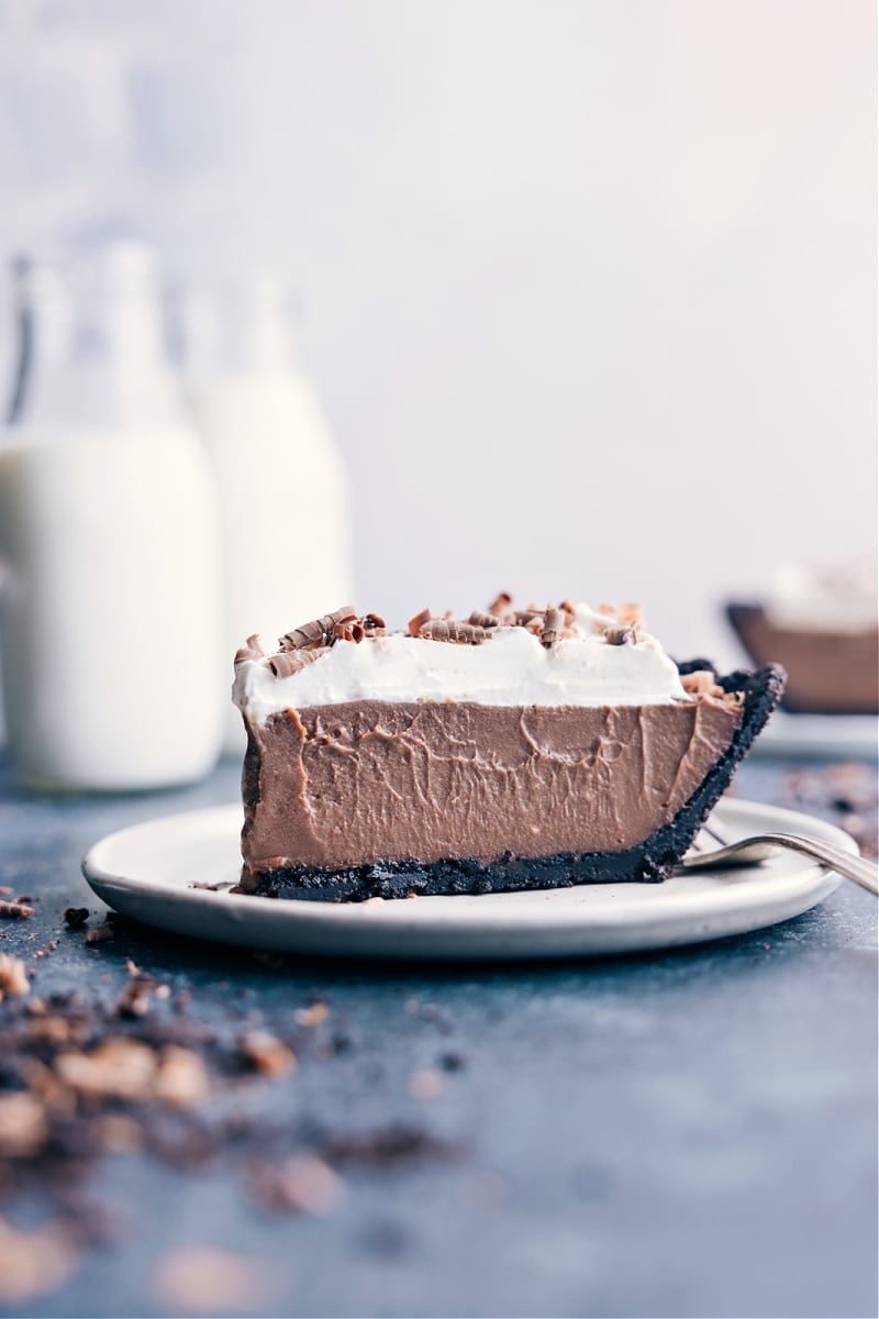 Slice of Chocolate Cream Pie on a plate.