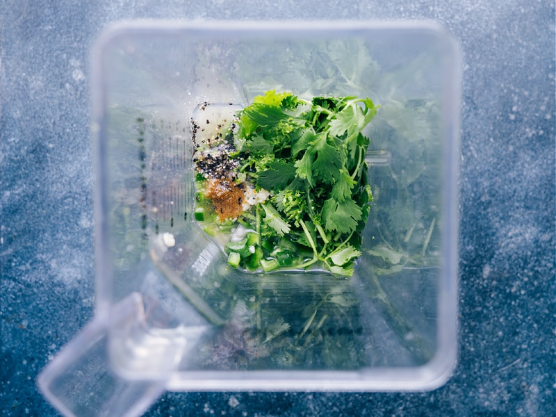 overhead view of ingredients in the blender