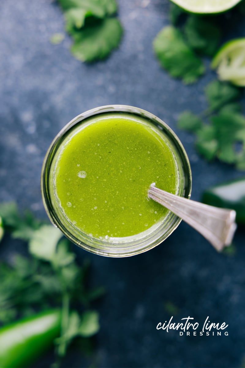 Overhead view of a jar filled with Cilantro Lime Dressing