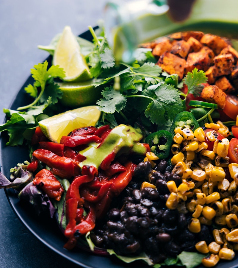 Closeup view of a salad with Cilantro Lime Dressing