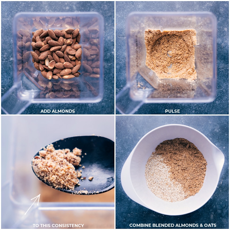 Process shots of making Easy Granola: add almonds to a blender and pulse to a crumbly consistency; combine with oats.