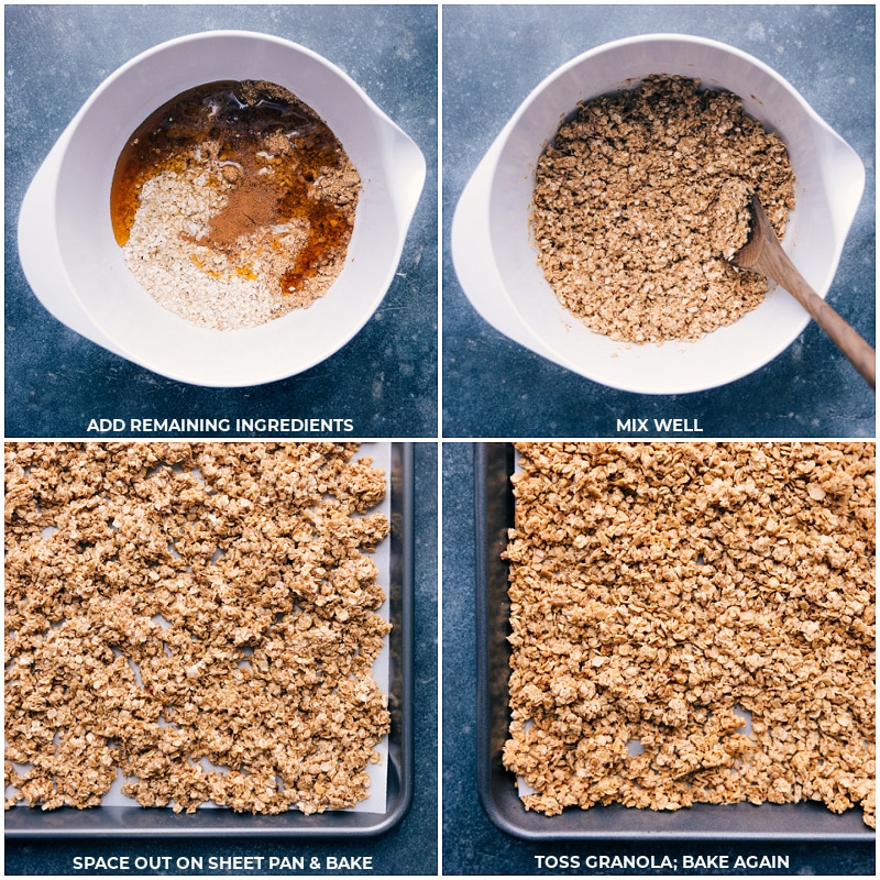 Process shots: Add remaining ingredients, mix well, space out on a baking sheet and bake. Toss and continue baking.