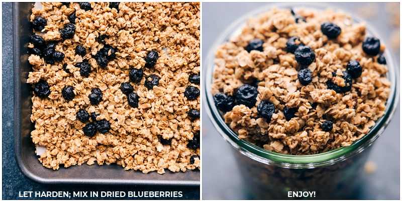 Process shots: let granola harden and then mix in the dried blueberries.