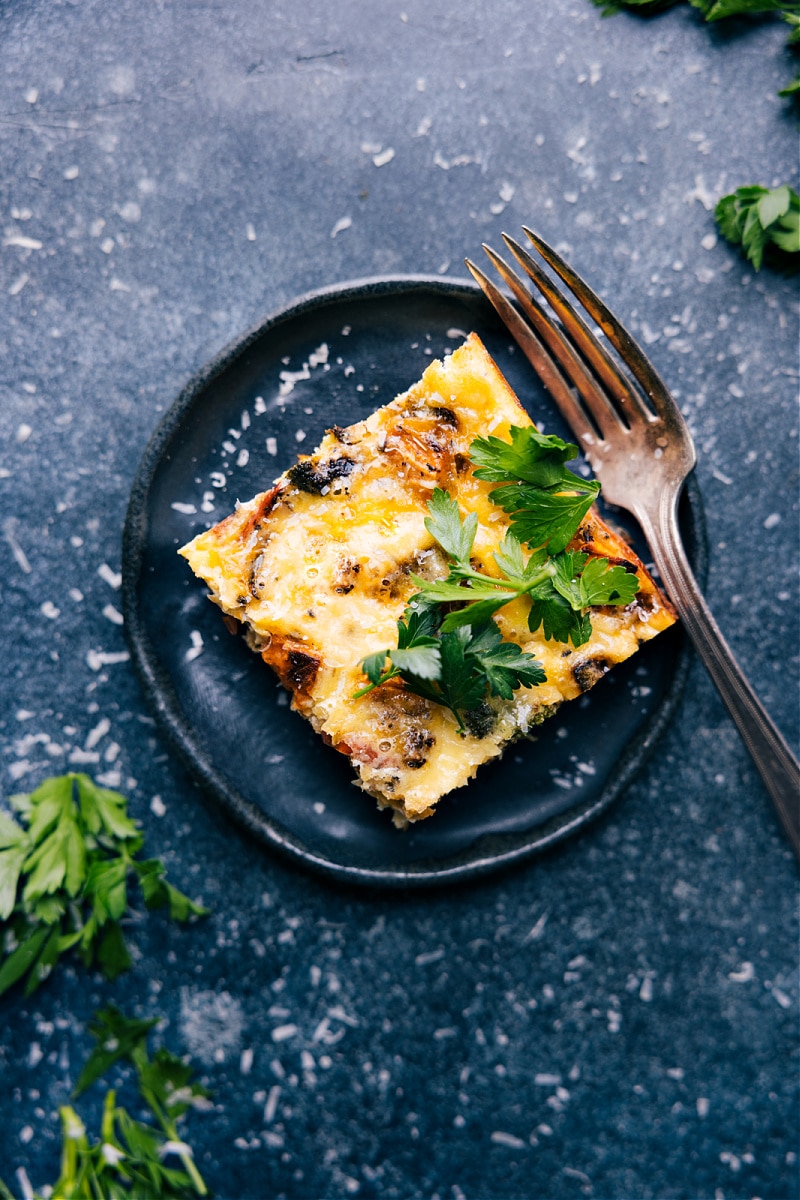 Overhead image of a slice of the Vegetable Frittata