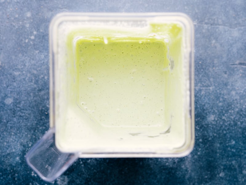 Overhead view of Green Goddess dressing in the blender