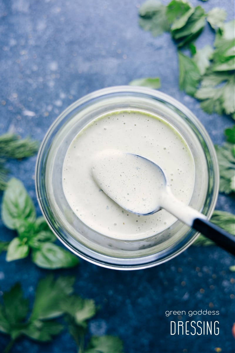 Overhead view of Green Goddess salad dressing