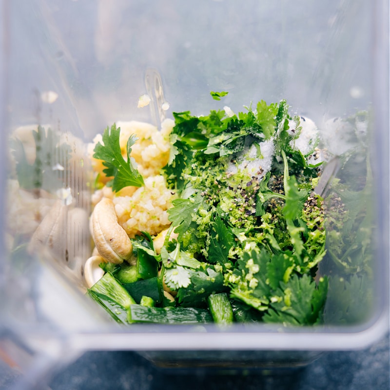 Overhead image of all the ingredients in a blender